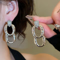 Light Luxury Oval Pleated Metal Zircon Drop Earrings With Silver Posts For Women view 4