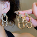 Light Luxury Oval Pleated Metal Zircon Drop Earrings With Silver Posts For Women view 2