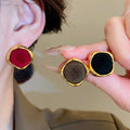 Vintage Hong Kong Style Copper Flocked Geometric Round Pendant Drop Earrings With Silver Posts view 2