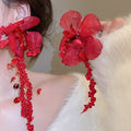 Sweet Floral Fabric Crystal Sequin Tassel Clip-on Earrings For Women Light Luxury Drop Jewelry view 1