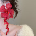 Sweet Floral Fabric Crystal Sequin Tassel Clip-on Earrings For Women Light Luxury Drop Jewelry view 3