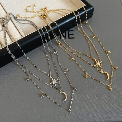 French Court Style Alloy Rhinestone Star Moon Pendant Necklace Jewelry Set