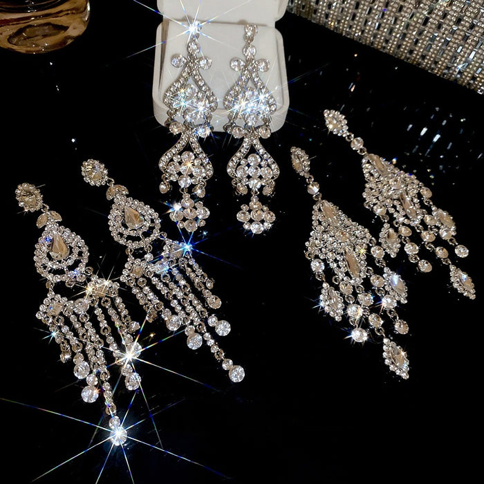 Light Luxury Alloy Rhinestone Teardrop Rhombus Tassel Drop Earrings For Women