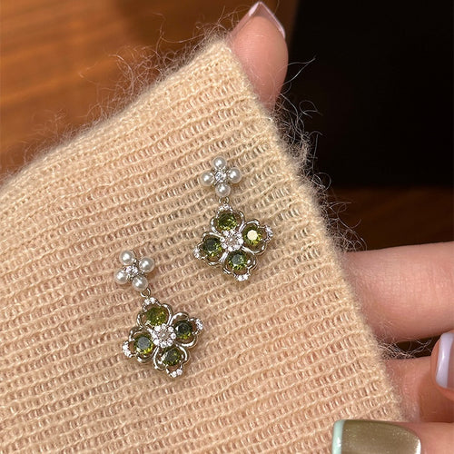 Vintage Floral Faux Pearl Zircon Silver Needle Drop Earrings For Women