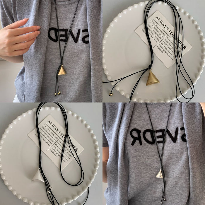 Leather Double Layer Geometric Triangle Cone Adjustable Pendant Sweater Necklace Hip Hop Style Choker