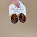 Tiger Eye Stone Teardrop Stud Earrings With Silver Posts Flocked Leopard Print Retro Maillard Style view 2