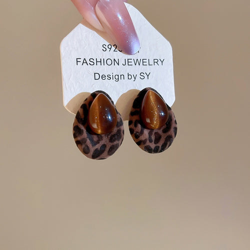 Tiger Eye Stone Teardrop Stud Earrings With Silver Posts Flocked Leopard Print Retro Maillard Style