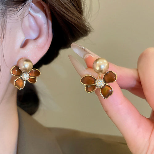 18K Gold Plated Silver Needle Zircon Enamel Flower Faux Pearl Stud Earrings Maillard Style