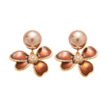 18K Gold Plated Silver Needle Zircon Enamel Flower Faux Pearl Stud Earrings Maillard Style view 5