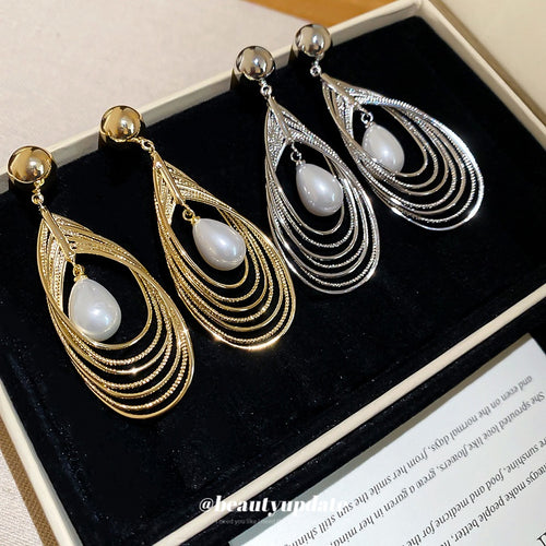 Light Luxury Faux Pearl Teardrop Drop Earrings With Silver Pin Hollow Round Layered Design