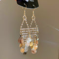 Copper Rhinestone Leaf Tassel Drop Earrings Vintage Palace Style Light Luxury Elegant Ear Jewelry view 1