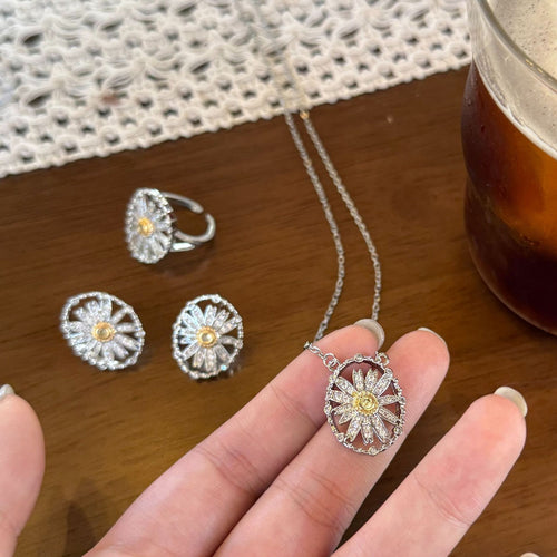 Light Luxury Copper Zircon Oval Flower Pendant Necklace Earrings Ring Jewelry Set