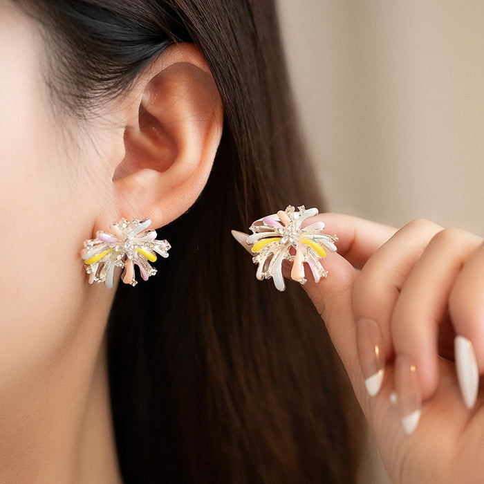 Elegant Korean Pastel Enamel Firework Flower Rhinestone Crystal Alloy Statement Stud Earrings