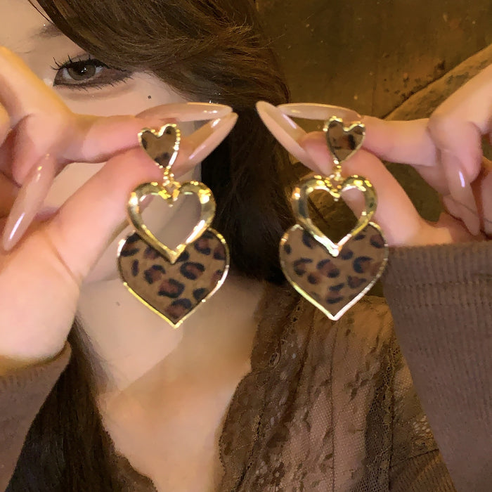 Vintage Leopard Print Faux Horsehair Heart Fan Pendant Alloy Drop Earrings Maillard Style Stud Jewelry