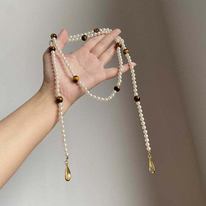 French Style Faux Pearl Tiger Eye Beaded Water Drop Pendant Sweater Necklace For Elegant Women