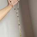 French Style Faux Pearl Tiger Eye Beaded Water Drop Pendant Sweater Necklace For Elegant Women view 4