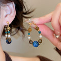 Vintage Ethnic Tiger Eye Teardrop Faux Pearl Stud Earrings With Silver Pins view 2