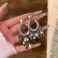 Minimalist Iron Metal Round Sequin Tassel Drop Earrings With Silver Pin Geometric Statement Style view 3