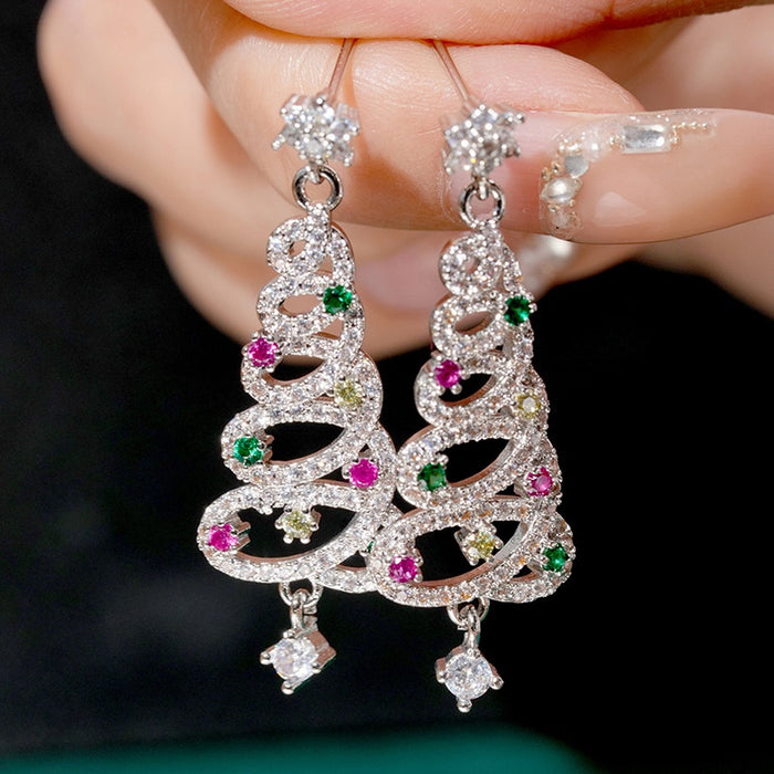 Christmas Tree Spiral Line Drop Earrings, Sparkling Zircon Star Pendant Jewelry For Women