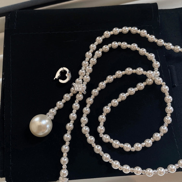 Light Luxury Faux Pearl Zircon Beaded Sweater Necklace, Vintage Geometric Round Pendant Choker
