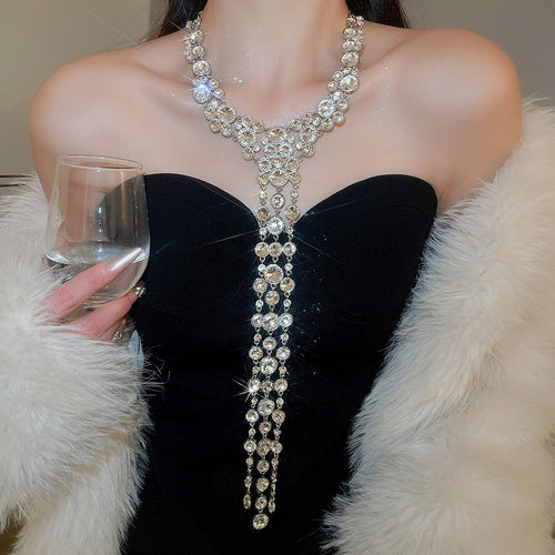Sparkling Rhinestone Round Tassel Pendant Alloy Necklace, Elegant Light Luxury Sweater Chain