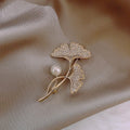 French Vintage Rhinestone Faux Pearl Ginkgo Leaf Brooch Light Luxury Elegant Suit Pin view 1