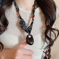 Ethnic Style Fabric Printed Wood Bead Acrylic Oval Heart Sweater Necklace for Women view 3