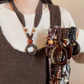 Ethnic Style Fabric Printed Wood Bead Acrylic Oval Heart Sweater Necklace for Women view 1