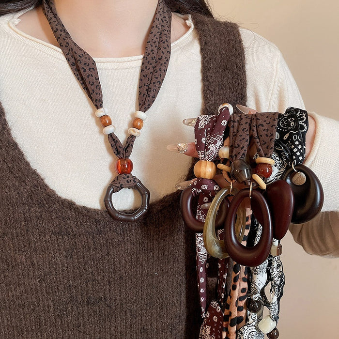 Ethnic Style Fabric Printed Wood Bead Acrylic Oval Heart Sweater Necklace for Women