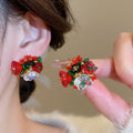 Silver Needle Crystal Beaded Floral Cluster Stud Earrings Light Luxury Elegant Style view 2
