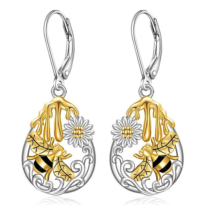Bee Honey Pot Daisy Drop Earrings For Women, Fresh Two Tone Sunflower Fashion Jewelry
