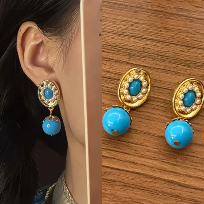 Vintage Acrylic Pearl Geometric Oval Drop Earrings With Silver Pins Ethnic Style Fashion Jewelry