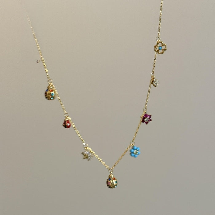 Sparkling Zircon Enamel Flower Teardrop Pendant Copper Necklace Vacation Sweet Collarbone Style