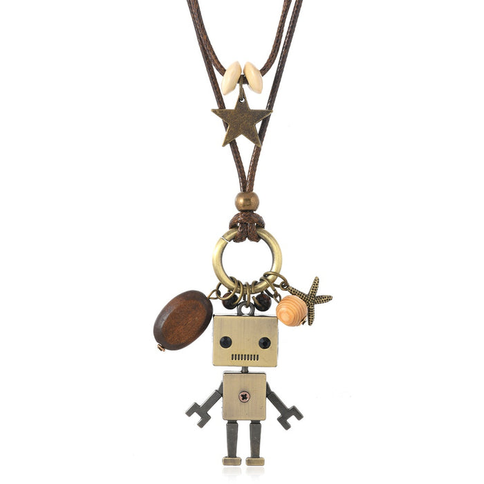 Vintage Robot Pendant Necklace With Movable Hands And Feet Creative Long Sweater Chain Accessory