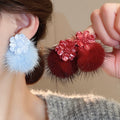 Fresh Style Resin Flower Pom Pom Stud Earrings With Silver Needle For Women view 2