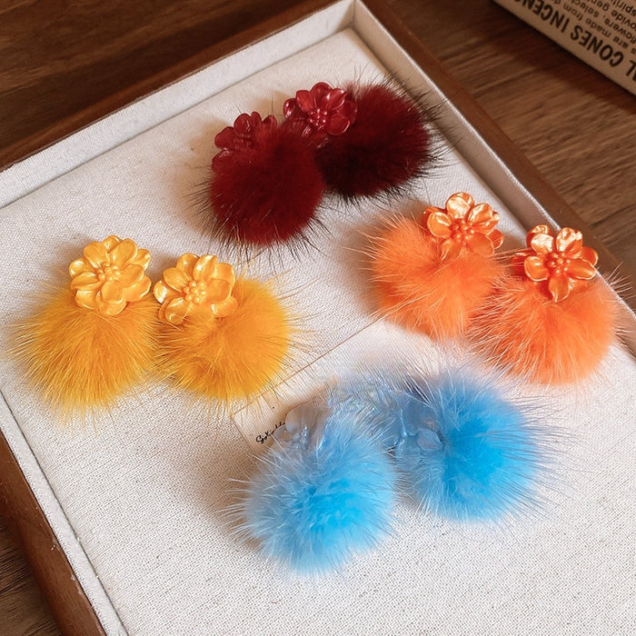 Fresh Style Resin Flower Pom Pom Stud Earrings With Silver Needle For Women