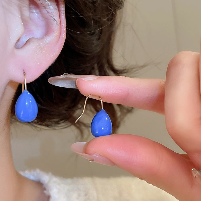 Blue Enamel Teardrop Copper Hook Earrings Vintage Light Luxury OL Commute Jewelry