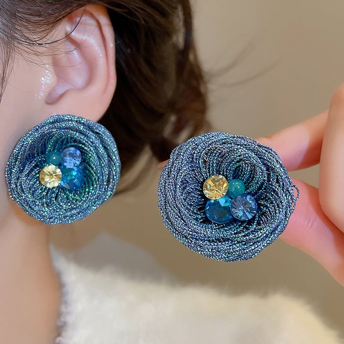 Light Luxury Crystal Gold Wire Spiral Flower Drop Earrings With Silver Pins