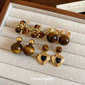 Vintage Maillard Tiger Eye Stone Heart Flower Round Pendant Drop Earrings With Silver Posts view 1