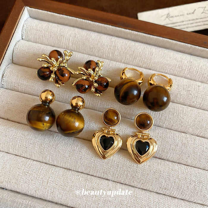 Vintage Maillard Tiger Eye Stone Heart Flower Round Pendant Drop Earrings With Silver Posts