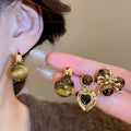 Vintage Maillard Tiger Eye Stone Heart Flower Round Pendant Drop Earrings With Silver Posts view 2