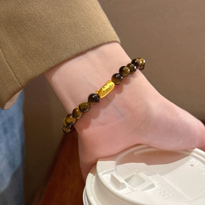 18K Gold Plated Tiger Eye Beaded Elastic Bangle Vintage Maillard Style Round Geometric Jewelry