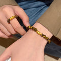 18K Gold Plated Tiger Eye Beaded Elastic Bangle Vintage Maillard Style Round Geometric Jewelry view 3