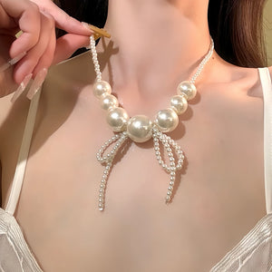 Light Luxury Bow Tassel Faux Pearl Necklace Vintage Elegant Collarbone Choker For Women