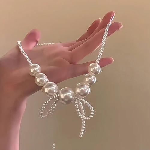 Light Luxury Bow Tassel Faux Pearl Necklace Vintage Elegant Collarbone Choker For Women
