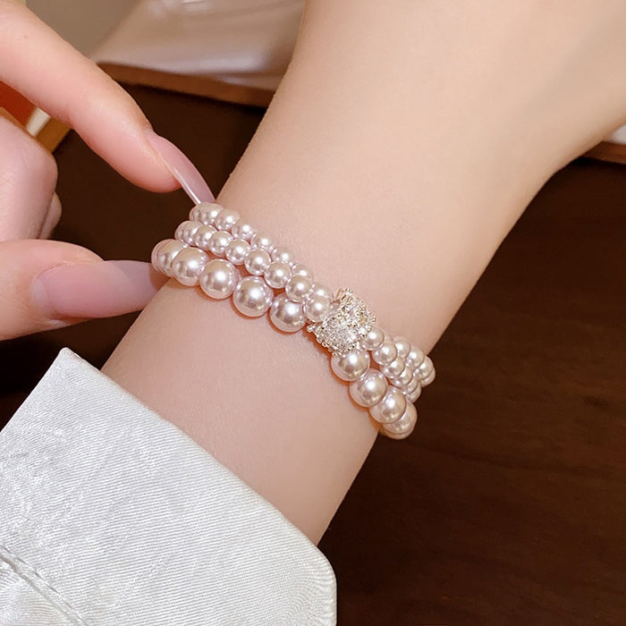 French Light Luxury Faux Pearl Zircon Beaded Round Multi Layer Geometric Bangle For Women