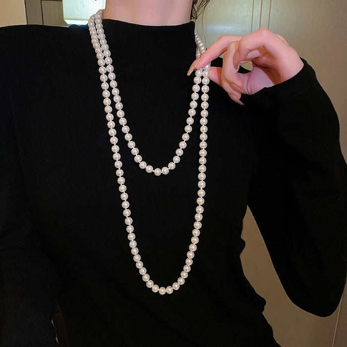 French Vintage Faux Pearl Beaded Sweater Necklace, Elegant Geometric Round Light Luxury Choker
