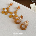 Maillard Style Resin Flower Rhinestone Drop Earrings With Silver Pins Vintage Light Luxury Jewelry view 3