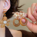 Maillard Style Resin Flower Rhinestone Drop Earrings With Silver Pins Vintage Light Luxury Jewelry view 2