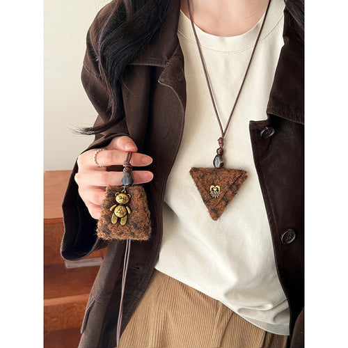 Maillard Style Plush Fabric Geometric Triangle Trapezoid Pendant Sweater Necklace